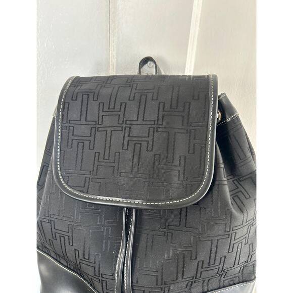 Vintage 1990s Black Mini Backpack Purse | Faux Leather Trim 90s Tommy Hilfiger
